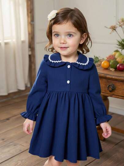 Girls' Peter Pan Collar Long Sleeve High Waist A-Line Solid Color Textured Cotton Soft & Skin-Friendly Baby Girl Autumn Dress, Cute & Fashionable For All Seasons