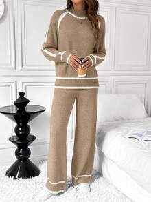 SHEIN LUNE 2件套女士休闲宽松撞色毛衣套装 - 卡其色 - 查看 3