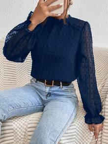 SHEIN Frenchy Áo sơ mi nữ cổ đứng, ren, tay áo raglan, dáng rộng, trong suốt, thường ngày - Màu xanh hải quân - Xem 3