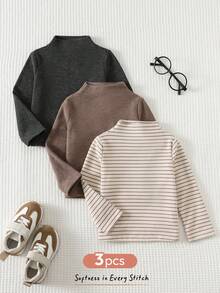 Cozy Pixies 3件套男婴彩色条纹纯色针织柔软高领长袖套头衫套装