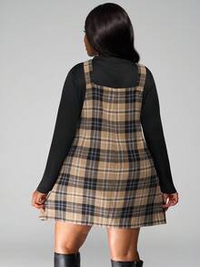 SHEIN PETITE CURVE Plus Size Loose Strap Button Pocket Plaid Casual Mini Dress Plus Size Fall Clothes Dresses For Women - Khaki - View 2