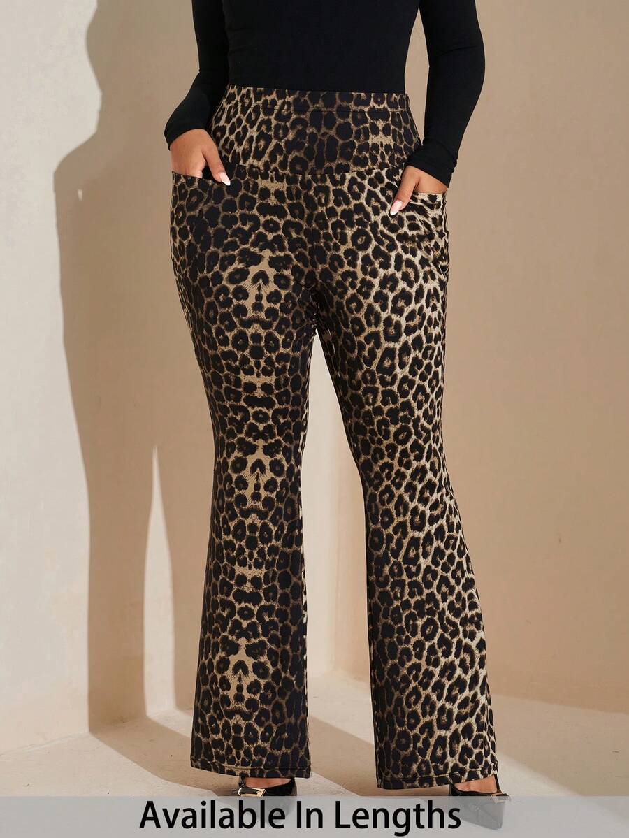 SHEIN Tall CURVE 1件装 女士加大码豹纹高弹力腰裤，带口袋/适合冬季、春季、情人节、日常生活、通勤、上学、教师、会议、外出、休闲等场合 - 棕色 - 查看 1