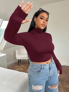 SHEIN EZwear Plus High Neck Thumb Hole Crop Tee Spring Clothes/Winter - Burgundy - View 1