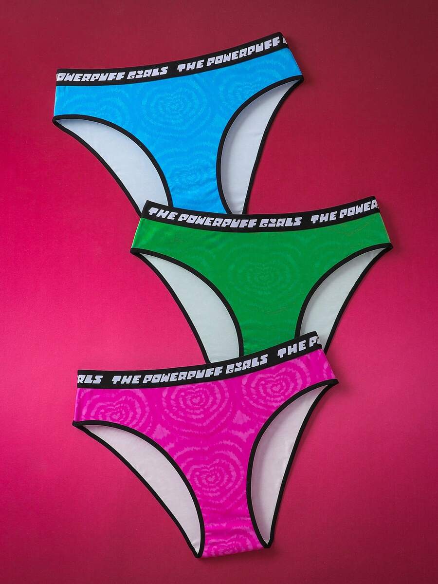 THE POWERPUFF GIRLS X SHEIN Wygodne, elastyczne, miękkie majtki w pasie z nadrukiem tie-dye w dużych rozmiarach
