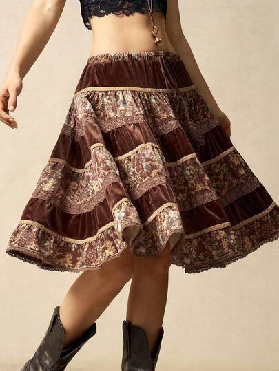 Bohemela Vintage Casual Patchwork Floral & Solid Color Women Skirt, Suitable For Winter, Christmas, New Year