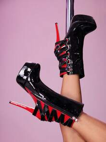 CUCCOO LuxiPop 女式厚底高跟靴，带侧拉链，黑色中筒靴，性感时尚，适合夜店、万圣节、圣诞节、派对装 - 黑色 - 查看 10