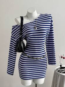 Elamini Blue & White Striped Knit Textured Fabric Asymmetric Shoulder Collar Dropped Shoulder Long Sleeve Cinched Waist Bodycon Mini Dress, Women Autumn/Winter Fashion, Suitable For Commute, Office, Elegant, School, Party, Date, Everyday Wear, Versatile - Multicolor - View 3