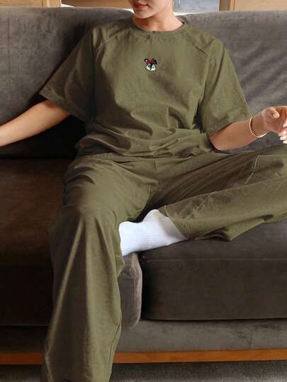 DAZY Cute Cartoon Print Raglan Sleeve Loose Pajama Set