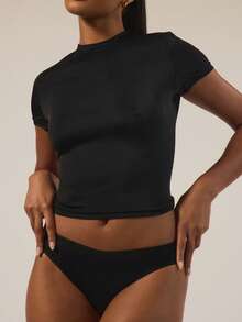 MUSERA ESSENTIALS 短袖圆领上衣和俏皮低腰内裤多件套秋季休闲冬季圣诞节假期秋季内衣日常必备 - 黑色 - 查看 6