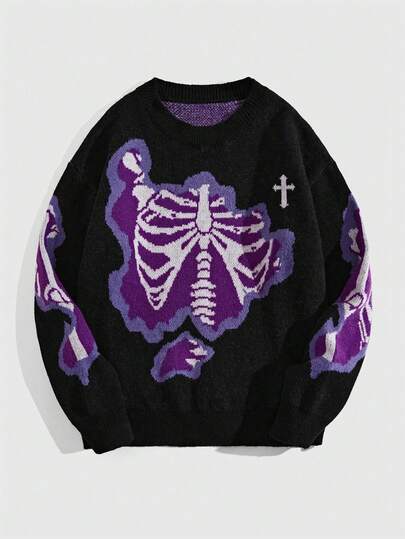 Goth Jersey de cuello redondo de manga larga con patrón de bloques de color para mujer