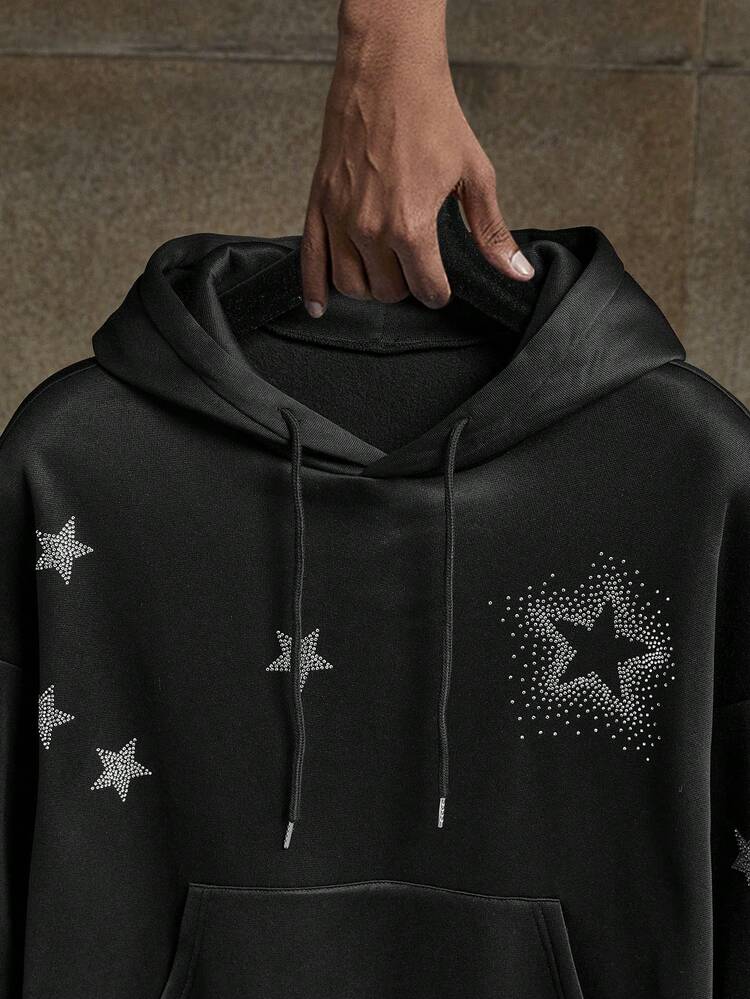 AXEPEAK Men's Hoodie With Clear Rhinestones And Loose Fit Plush Fabric - Black - View 3