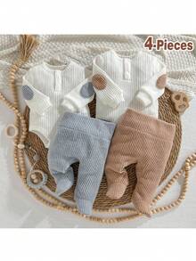 Loomiva 4pcs Newborn Baby Girl Boy Colorblock Knit Soft Crew Neck Long Sleeve Bodysuit & Elastic Waist Pants Set,White,Autumn,Basics,Holiday Twin Clothes - Multicolor - View 2