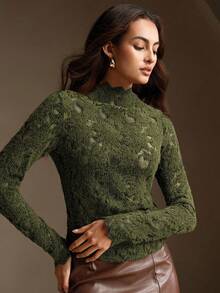 Anewsta 1pc Women's Elegant Solid Color Long Sleeve Hollow Out Stretchy T-Shirt