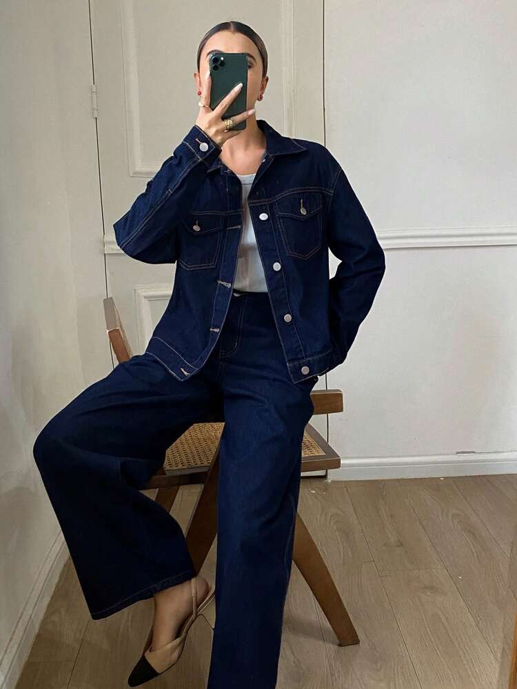 Women's Casual Denim Jacket And Jeans Set, Autumn