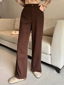 DAZY 女士休闲宽松水洗阔腿牛仔裤，秋季款 - 棕色 - 查看 4