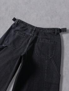 Manfinity Denimwave 男士几何图案口袋直筒休闲牛仔裤，适合外出聚会、通勤、度假、街头、垃圾摇滚风 - 黑色 - 查看 3