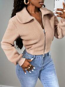 BamGleam Hanorac din fleece pentru femei, culoare uni, cu mânecă lungă și guler cu fermoar, toamnă/iarnă - Kaki - Vizualizare 3