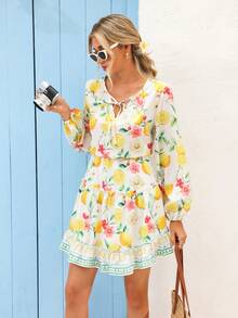 Vivid Eden Spring/Summer Outings, Holiday Dates, Spring/Summer Casual Vacation V-Neck Tie-Waist A-Line Fruit Print Long Dress, Holiday Summer Beach Dress, Back To School Outfit, Very Simple Outfit, Women's Country Style, Office Wear, Old Money Style, Teacher's Outfit, Date Outfit, Graduation Season, Women's Dresses, Spring/Es, Long-Sleeved Dresses Lemon Dress Women Boho Summer Dress Women Women Vacation Dress - Multicolor - View 6