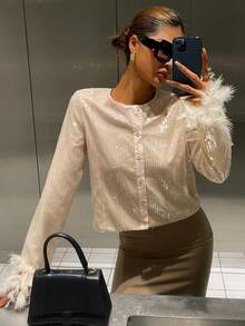 Livesso Women's Elegant Sequin Patchwork Fluffy Blouse, Suitable For New Year, Christmas, Wedding, Party, Ball, Autumn/Winter Long Sleeve Women Glitter Top - Champagne - View 2