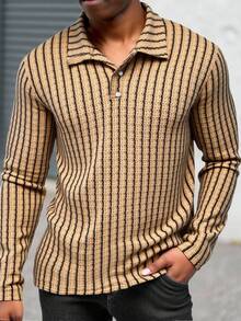 Manfinity Homme 卡其色竖条纹男士长袖Polo衫 - 卡其色 - 查看 8
