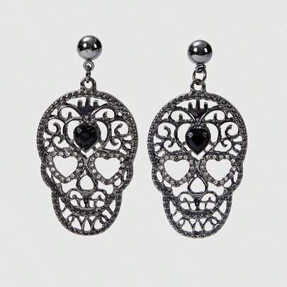 ROMWE Goth 1 par de pendientes de moda de estilo gótico para mujer - Diseño de calavera hueca de metal incrustada con rhinestones, adecuado para fiestas de moda, Halloween y uso diario