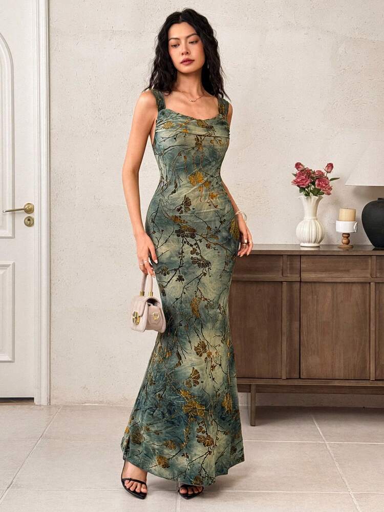 EastFlair 女士优雅花卉植绒无袖连衣裙 - 綠色 - 查看 3