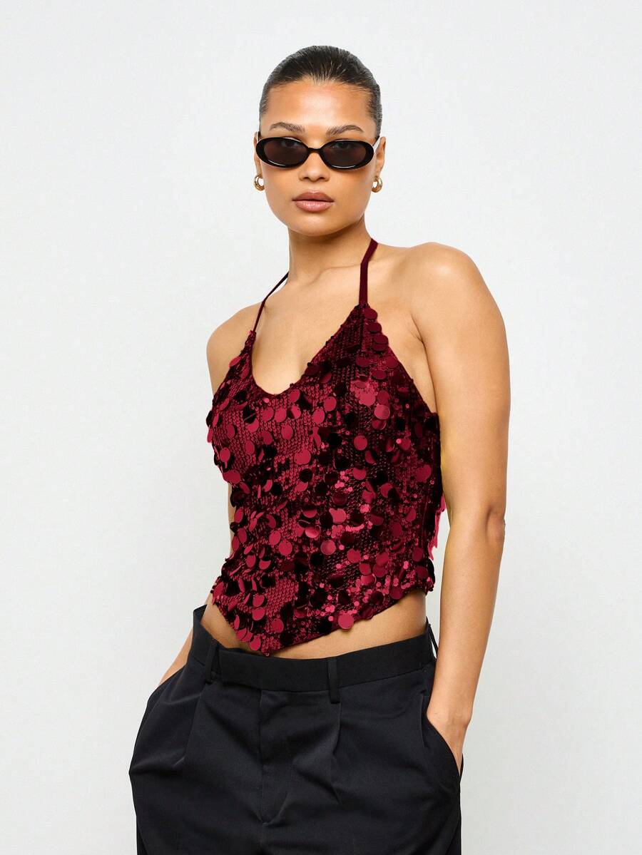 AiiRZ Sequin Halter Cami Top Sparkly Party Festival Clubwear Evening Glamour Backless
