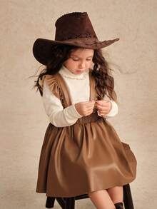 SHEIN Reset Phase Set de 2 piezas: Blusa de unicolor con cuello mao y vestido con volantes en el bajo para niña