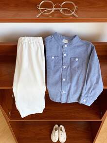 SHEIN 2pcs Baby Boy Casual Cute Light Blue Long Sleeve Shirt & Elastic Waist Pants Set, Suitable For Birthday Party, Rave, Evening Party, Performance, Wedding, Baby's 1st Month, Christening, 1st Birthday Celebration, Wedding Guest, Baby Shower Christening Outfit Light Blue Baby Boy 18 Month Clothes Boy Baby Boys Outfits Button Up Dress Shirt Boy - Multicolor - View 4