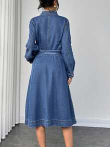 Elenzga Women's Solid Color Casual Long Sleeve Denim Dress - Blue - View 2