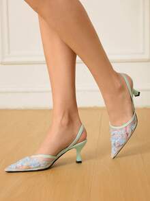 CUCCOO HITCHD Giày cao gót dự tiệc họa tiết hoa đen thời trang dành cho nữ - Màu xanh nhạt - Xem 4