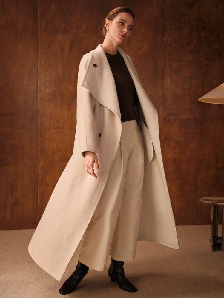 WOOL WATERFALL COLLAR DOUBLE BREASTED LONG OVERCOAT, AUTUMN/WINTER