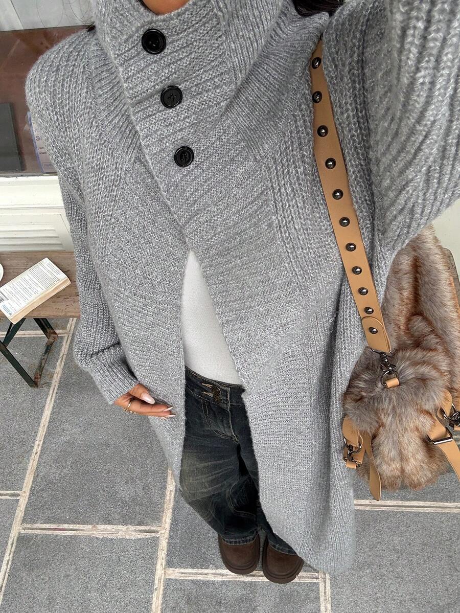 SHEIN EZwear 女士宽松长款纯色翻领开衫毛衣，秋冬款 - 灰色 - 查看 1