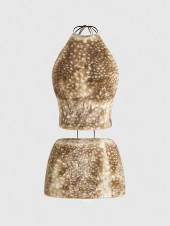 Conjunto de 2 piezas con top de bikini esponjoso con estampado de ciervo sexy y minifalda de tiro súper bajo