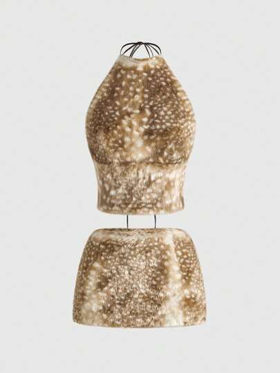 Set di 2 pezzi composto da bikini a fascia con stampa a macchie di cerbiatto e minigonna super bassa