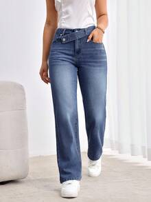 EMERY ROSE 女式不对称腰部口袋直筒宽松牛仔裤 - 深色水洗藍 - 查看 4