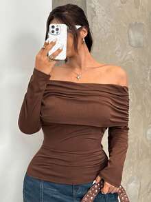 GalTyme Plus Size Solid Color Off-Shoulder Fitted Elegant Long Sleeve T-Shirt, Brown Top Women Brown Long Sleeve Top Chocolate Brown Top Brown Off Shoulder Top,Fall /Autumn/Winter,Christmas,New Year,Thanksgiving,Party,Wedding,Beach,Elegant,Casual,Going Out,Date,Appointment,Commute