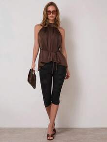 COSMINA Women's Elegant Waist Tie High Collar Ruched Satin Sleeveless Tank Top, Versatile For Commuting And Daily Wear, All Seasons, Chocolate Brown Top, Dark Brown Top , Brown Top Women , Coffee Brown Top - Green - View 5