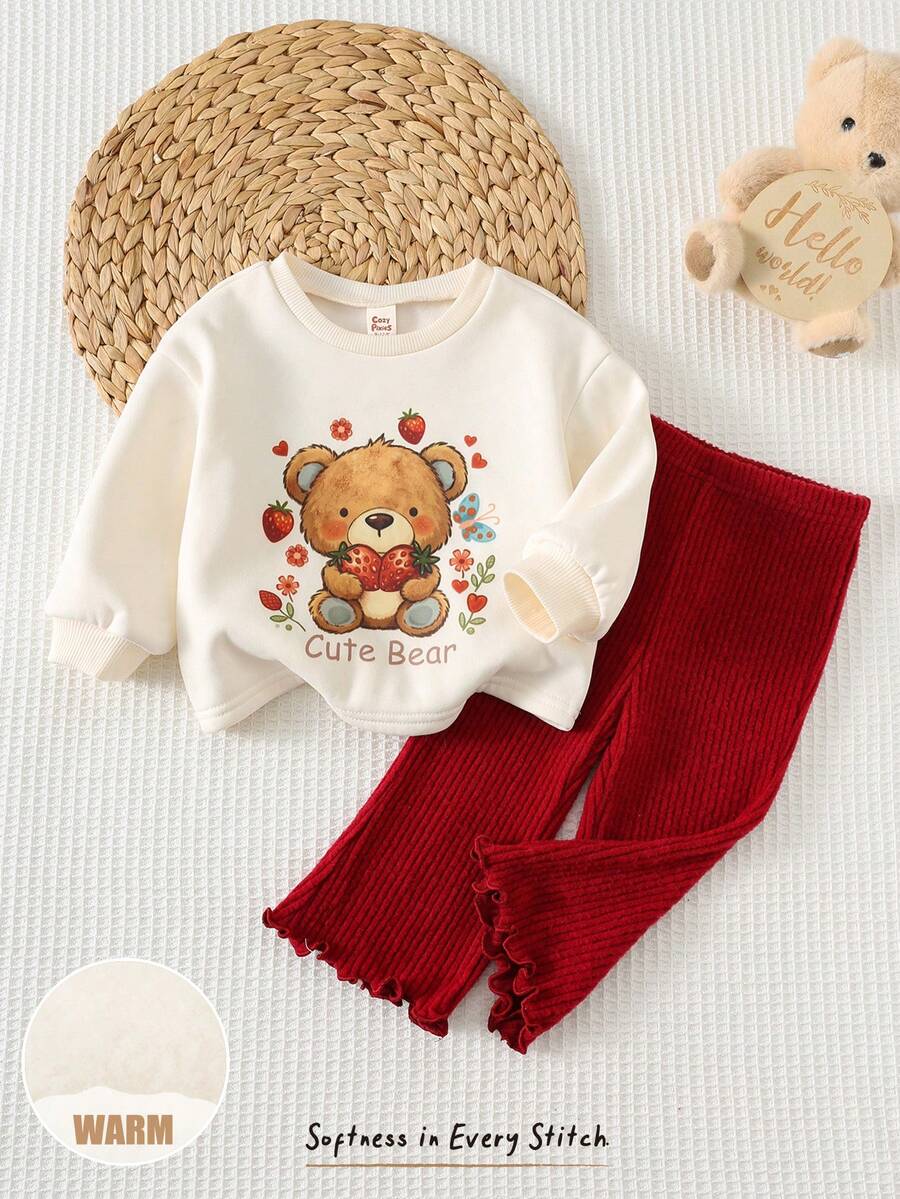 Cozy Pixies 女婴卡通熊图案针织柔软圆领长袖套头卫衣和弹力腰喇叭裤两件套,舒适百搭休闲时尚基础款,适合室内、户外休闲、滑雪、返校、日常穿着、运动、玩耍、派对、秋冬季女婴套装,秋冬季女婴保暖套装,女婴长袖长裤两件套冬季女婴服装,女婴可爱复古风 - 彩色 - 查看 1