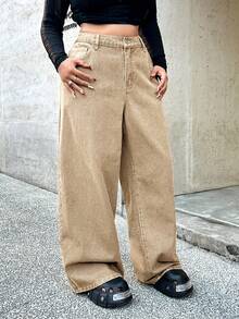 SHEIN ICON 大码休闲宽松阔腿牛仔裤，蓝色，时尚百搭 - 卡其色 - 查看 6