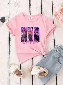 SHEIN Young Girl Summer Casual Portrait & Letter Graphic Round Neck Short Sleeve T-Shirt