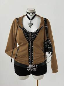 Sunspun Chaqueta con capucha de manga larga con decoración de remaches, estilo oscuro y punk, talla grande - Camel - Ver 6