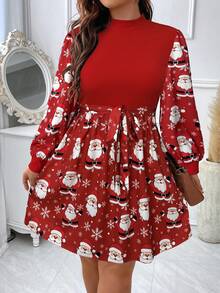 EMERY ROSE Plus Size Stand Collar Colorblock Ditsy Floral Fitted Waist A-Line Casual Holiday Dress - Multicolor - View 5