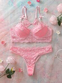 Conjunto de lencería elegante y sexy de unicolor con encaje para mujer - Rosa - Ver 3
