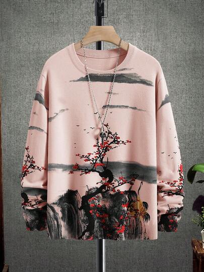 Manfinity Homme Men's Autumn/Winter Sweater (Random Print) Sumwon Long Sleeve Abstract Printed Long Sleeve Shirt