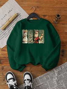 INAWLY Damen Rundhals Weihnachts-Motiv Muster Regular Fit Langarm Sweatshirt, Herbst/Winter - Armeegrün - Übersicht 4