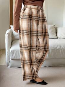 Flirla Plus Size Women Elegant Khaki Plaid Slant Pocket Straight Leg Pants, Autumn/Winter Plaid Pants Pattern Pants Western Pants Checkered Pants - Khaki - View 1