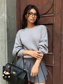 SHEIN EZwear Áo len cổ tròn họa tiết sequin dáng rộng cho nữ, Thu/Đông - Màu Xám nhạt - Xem 3