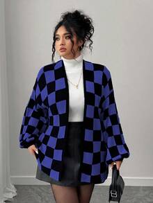 Elenzga 秋冬时尚休闲撞色棋盘格纹宽松开衫，女款，大码可选，适合外出、度假、派对等场合。 - 藍色 - 查看 4