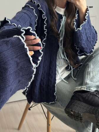 FRIFUL Cardigan gros, casual, texturat, cu guler cu șnur, în culori contrastante, pentru femei